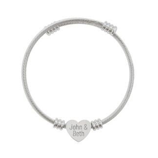 Engravable Heart Cuff Bracelet — Personalized Heart Cable Bangle (Silver or Gold)