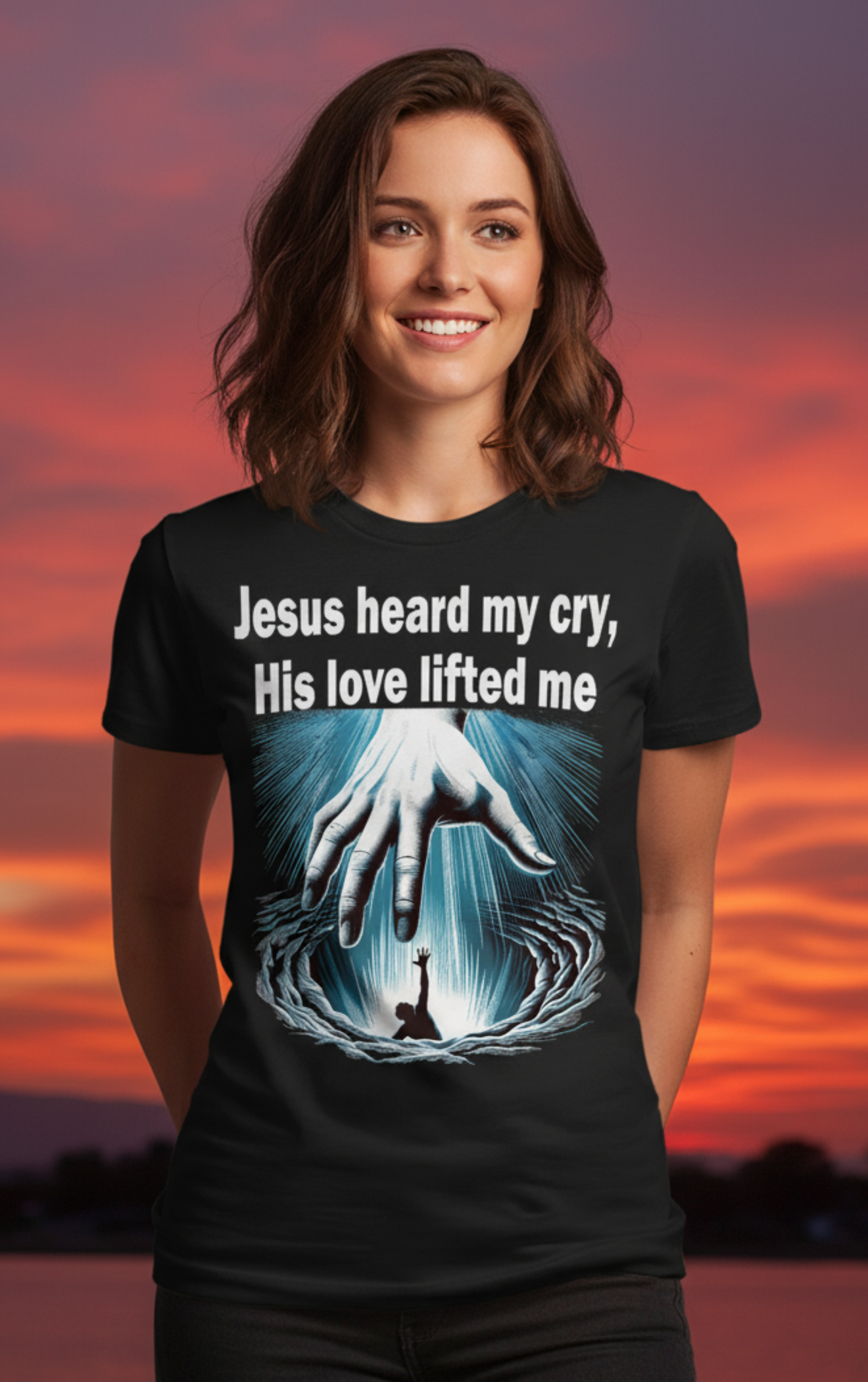 Young women with a Jesus heard my cry, His love lived me tee shirt with a hand of God reaching down.