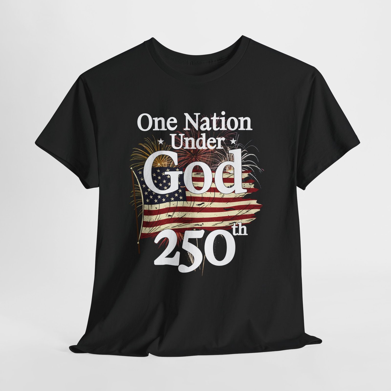 Patriotic One Nation Under God 250 th. — American Flag Fireworks Tee - Image 4