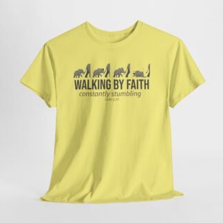 Yellow walking with God t-shirt with cartoon elephant falling