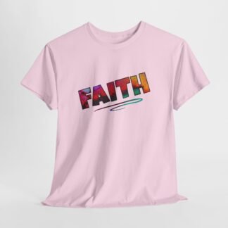 Pink t-shirt with colorful 'FAITH' text