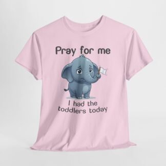 Pink t-shirt with cartoon elephant pray for me design