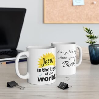 Inspirational Sunburst Ceramic Mug — "Jesus is the light of the world" Coffee Cup